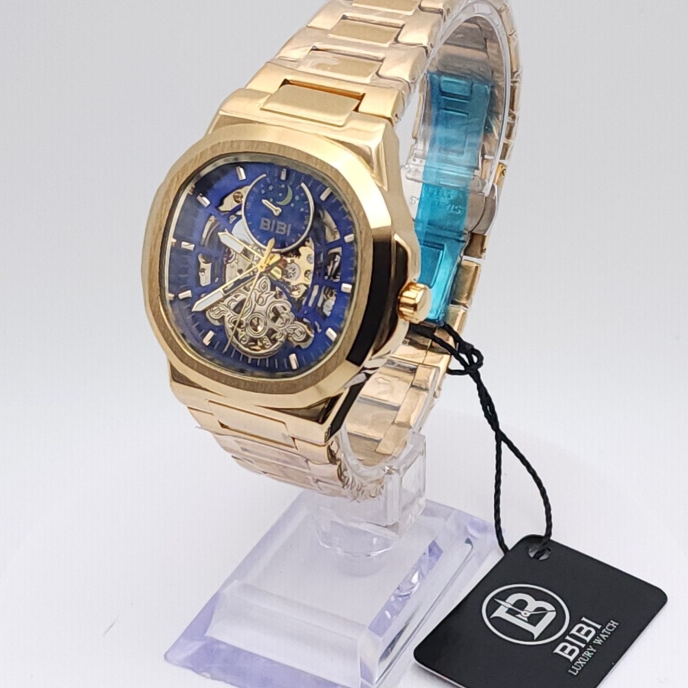 BIBI Automatic Skeleton Watch Men's Gold Tone Blue Dial 42mm Box New Luxury - Picture 13 of 17